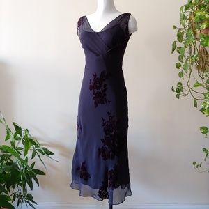 INDIGO SLIP DRESS WITH VELVET FLORAL APPLIQUE
